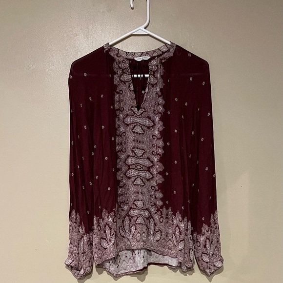 Lucky Brand Border Print Peasant Tunic Top Blouse Womens Maroon ** READ** - Picture 1 of 6